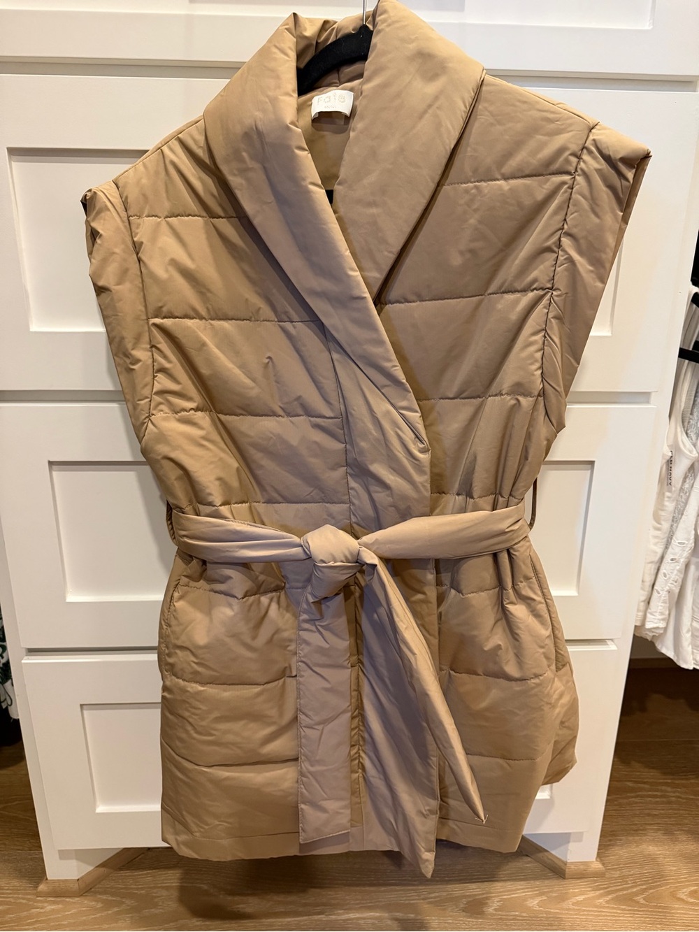Sleeveless Quilted Belted Puffer Vest in Camel